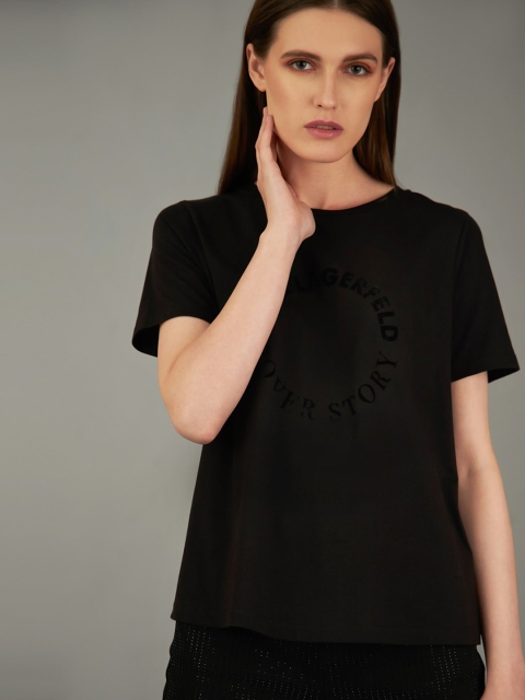 

COVER STORY by KARL LAGERFELD Women Black Printed Round Neck T-shirt