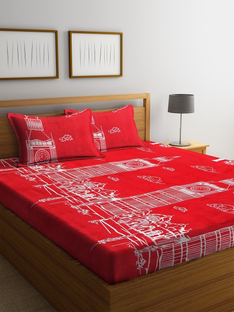 

NEUDIS Red & Off-White Floral 180 TC Cotton 1 King Bedsheet with 2 Pillow Covers
