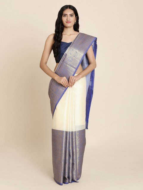 

Koskii Cream-Coloured & Blue Art Silk Woven Design Saree