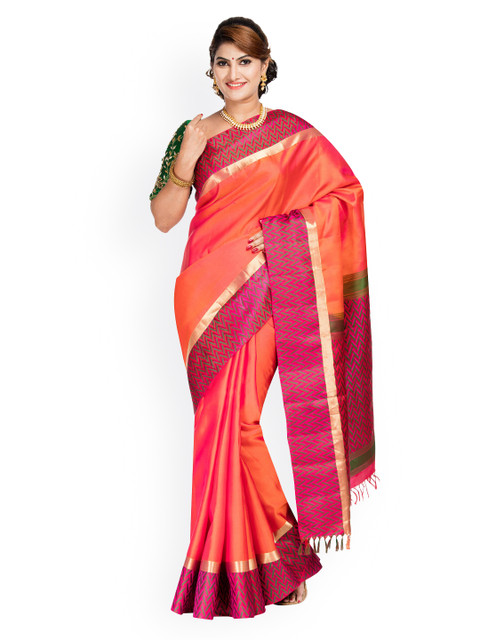 

Vijayalakshmi Silks Orange & Magenta Pure Silk Striped Saree
