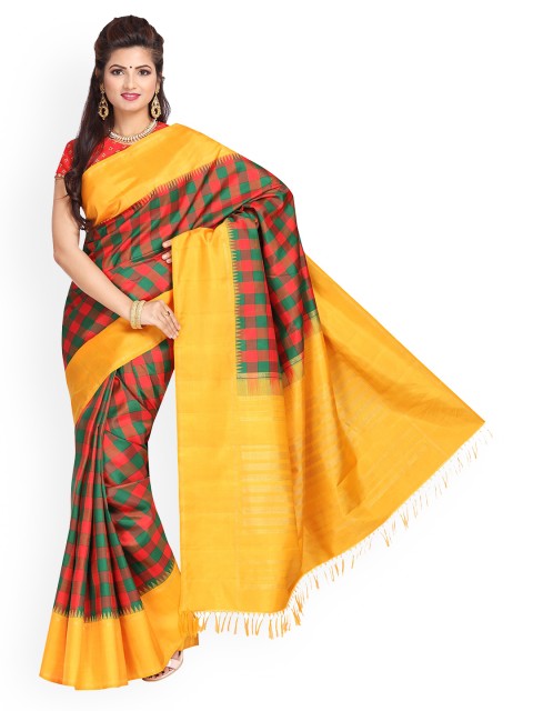 

Vijayalakshmi Silks Green & Red Pure Silk Checked Kanjeevaram Saree