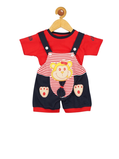 

ICABLE Boys Red & Navy Blue Solid T-shirt with Dugarees Shorts