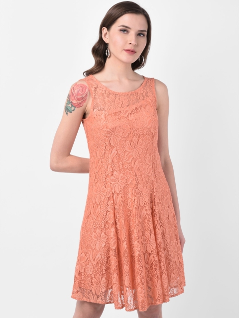 

Latin Quarters Women Peach-Coloured Self Design Fit and Flare Dress