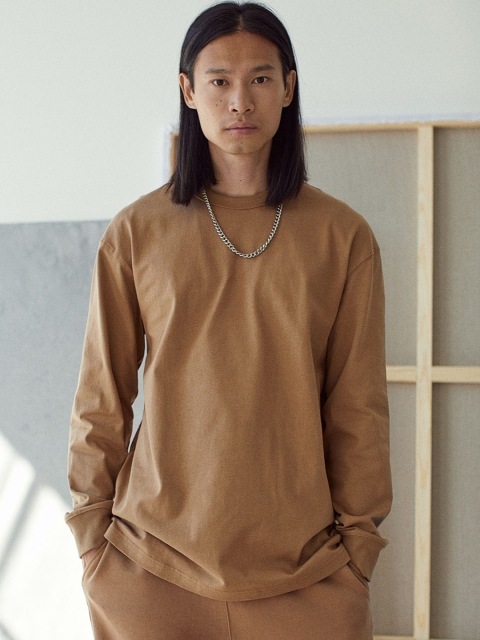 

H&M Men Beige Long-Sleeved Cotton T-shirt