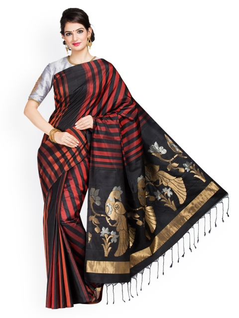 

Vijayalakshmi Silks Black & Gold-Toned Pure Silk Striped Saree