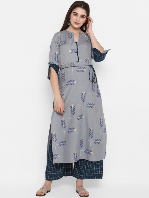 

ZOEYAMS Women Grey & Blue Floral Print Straight Kurta
