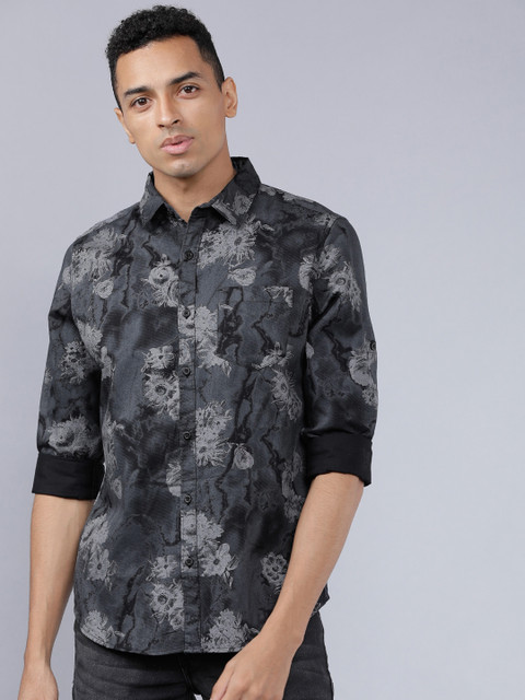 

HIGHLANDER Men Black & Grey Slim Fit Floral Printed Casual Shirt