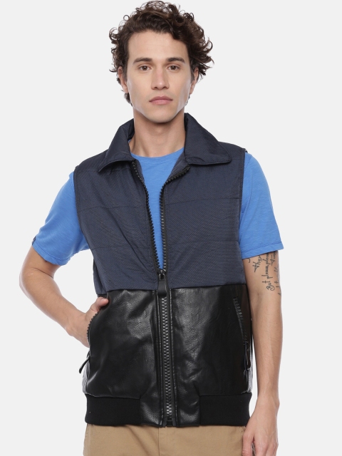 

Breakbounce Men Navy Blue & Black Colourblocked Leather Jacket