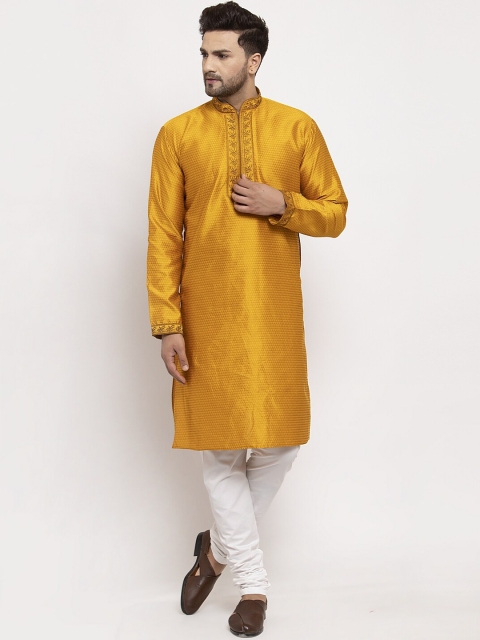 Benstoke Men Gold-Coloured & White Woven Design Kurta with Pyjamas