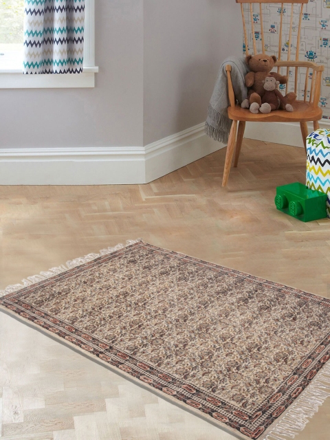 Tistabene Beige & Brown Kilim Bagru Printed Fringed Dhurrie