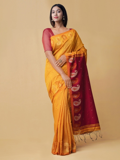 Unnati Silks Yellow & Maroon Pure Linen Woven Design Saree