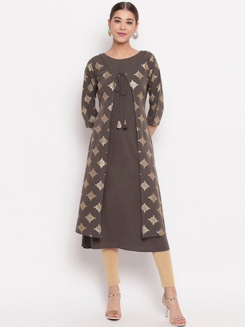 

Janasya Women Taupe & Gold-Coloured Printed A-Line Kurta