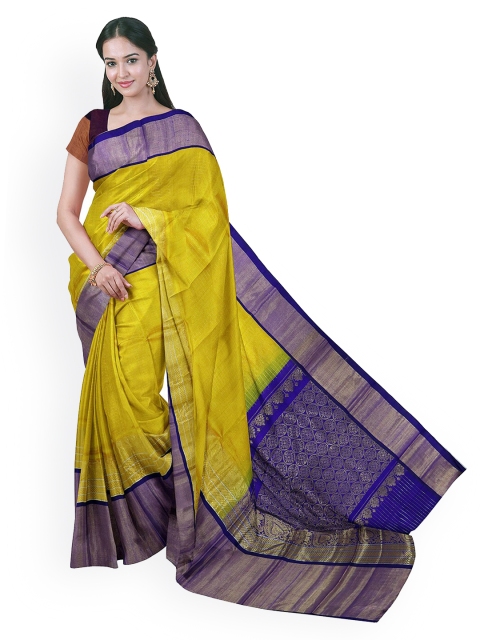 

APCO Yellow & Navy Blue Silk Cotton Checked Handloom Saree