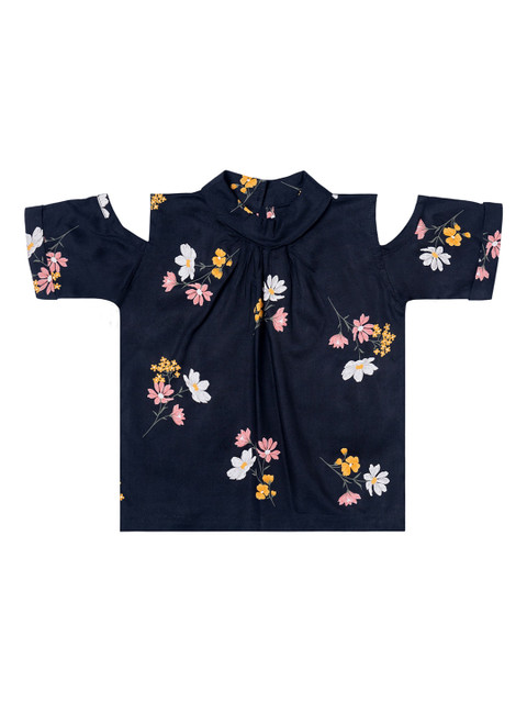 

Kid Studio Girls Navy Blue Printed Cold-Shoulder Top