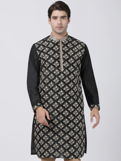

VASTRAMAY Men Black & Cream-Coloured Printed Straight Kurta