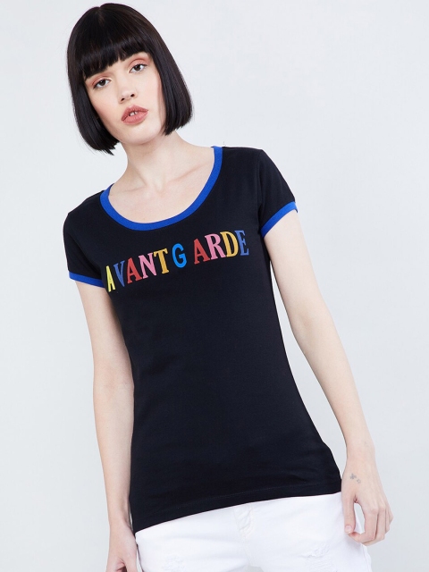 

max Women Black Printed Round Neck T-shirt