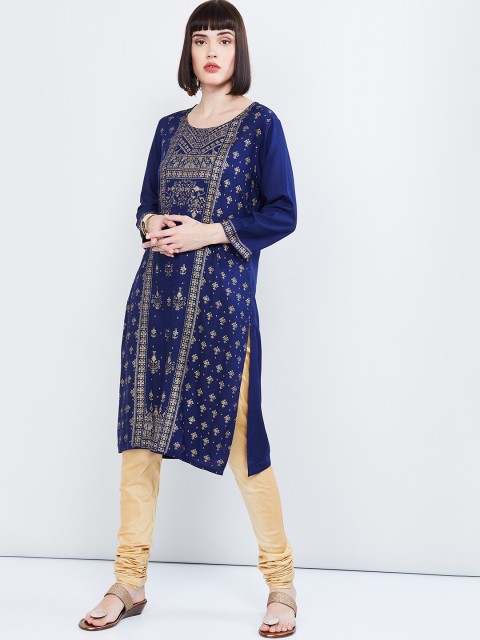 

max Women Blue Printed Straight Kurta