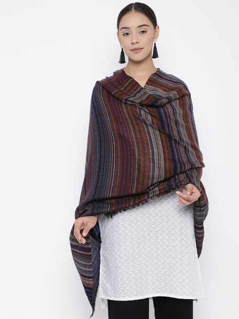 

Pashmoda Women Black & Brown Striped Pure Wool Shawl