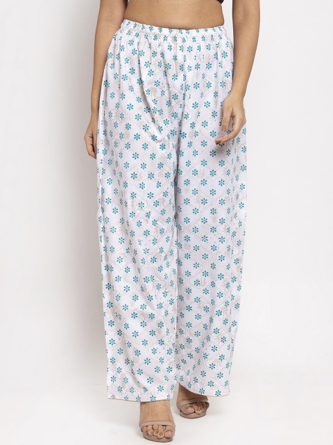 Clora Creation Women White & Blue Self Design Straight Palazzos