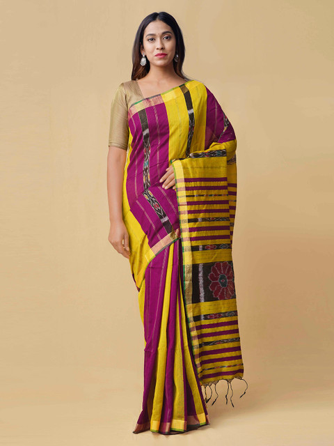 

Unnati Silks Magenta & Yellow Pure Cotton Floral Print Woven Design Saree
