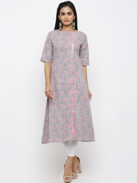 

Maaesa Women Grey & Pink Printed A-Line Kurta