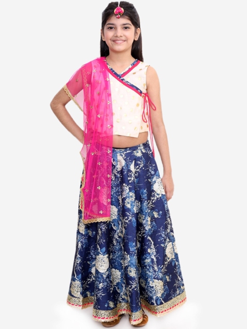 

Lil Peacock Girls White & Blue Printed Ready to Wear Lehenga & Blouse with Dupatta