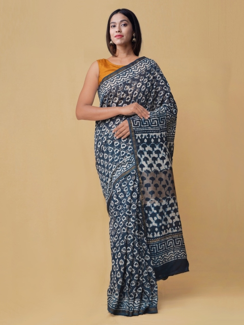 

Unnati Silks Navy Blue Silk Cotton Printed Chanderi Saree