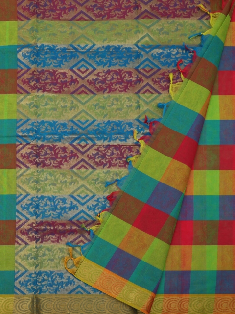 

Pothys Green & Blue Pure Cotton Checked Saree