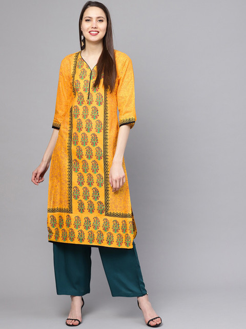 

ZOEYAMS Women Yellow Block Printed Straight Kurta