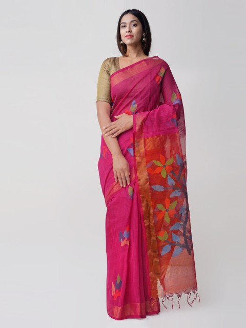 

Unnati Silks Pink & Red Silk Cotton Woven Design Jamdani Saree