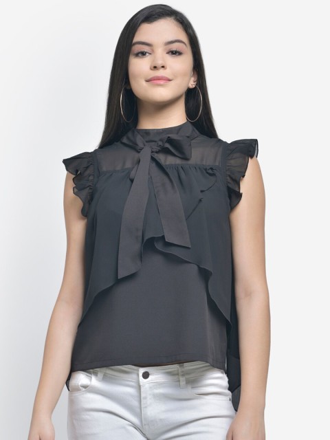 

Texco Women Black Solid Tie-Up Neck High-Low Top