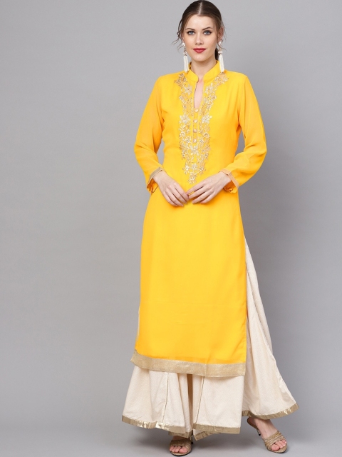 

ZOEYAMS Women Yellow Embroidered Straight Kurta