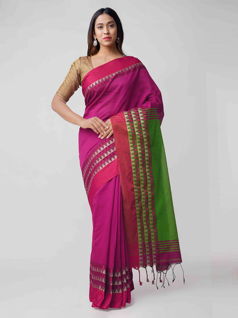 

Unnati Silks Pink & Green Pure Linen Woven Design Handloom Saree