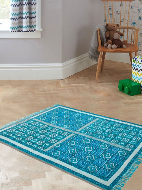 

Tistabene Teal Blue & Black Kilim Dabu Print Fringed Dhurrie