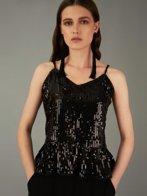 

COVER STORY by KARL LAGERFELD Women Black Sequinned Peplum Top