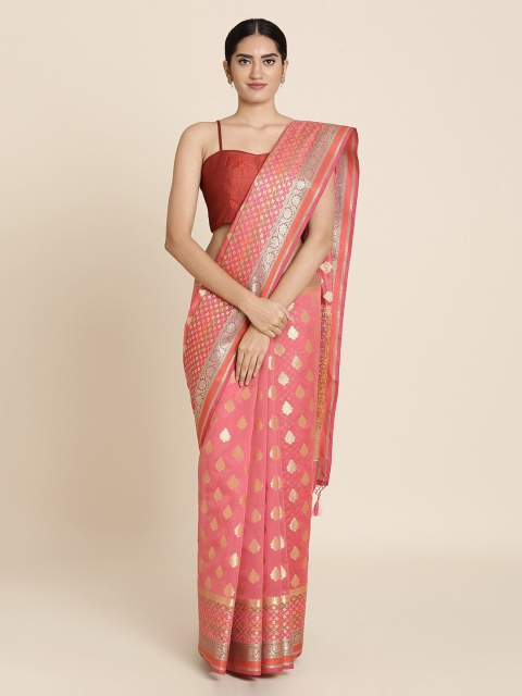 

Koskii Pink & Gold-Coloured Art Silk Woven Design Saree