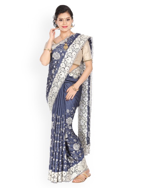 

Vijayalakshmi Silks Blue & White Pure Silk Embroidered Tussar Saree
