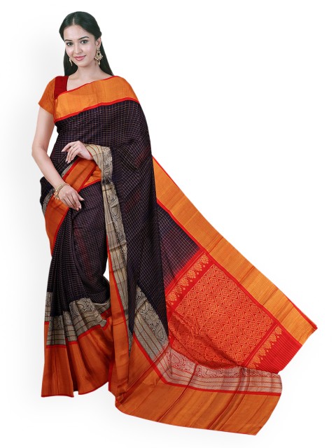 

APCO Navy Blue & Orange Silk Cotton Checked Sustainable Saree