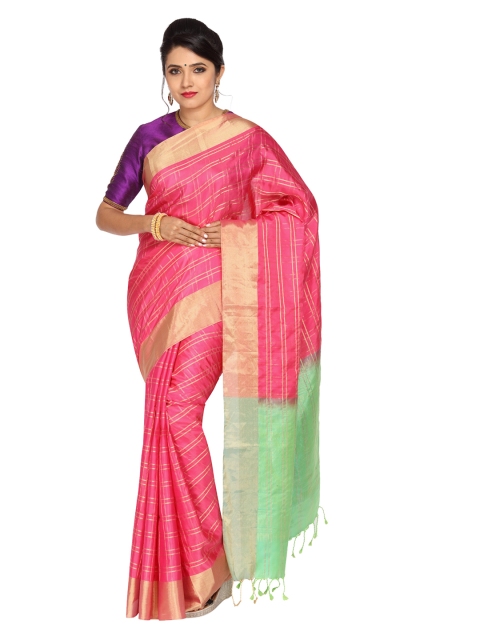 

Vijayalakshmi Silks Green & Pink Pure Silk Checked Saree