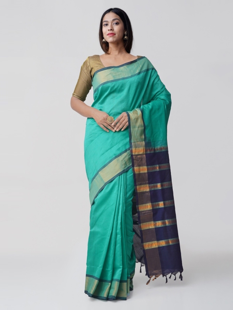

Unnati Silks Turquoise Blue & Navy Blue Pure Cotton Solid Uppada Saree