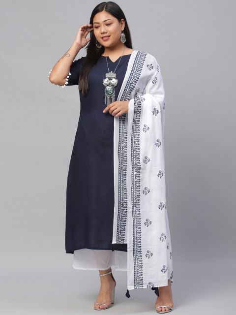 

EXTRA LOVE BY LIBAS Plus Size Women Navy Blue Kurta with Palazzos & With Dupatta