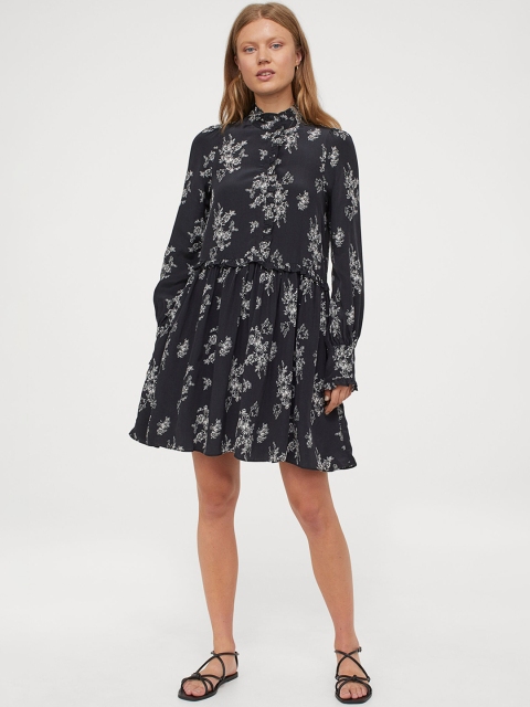 

H&M Women Grey Floral Frill-Trimmed Tunic