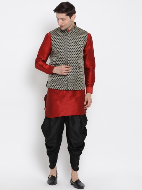 

VASTRAMAY Men Maroon & Black Solid Kurta with Dhoti Pants & Nehru Jacket