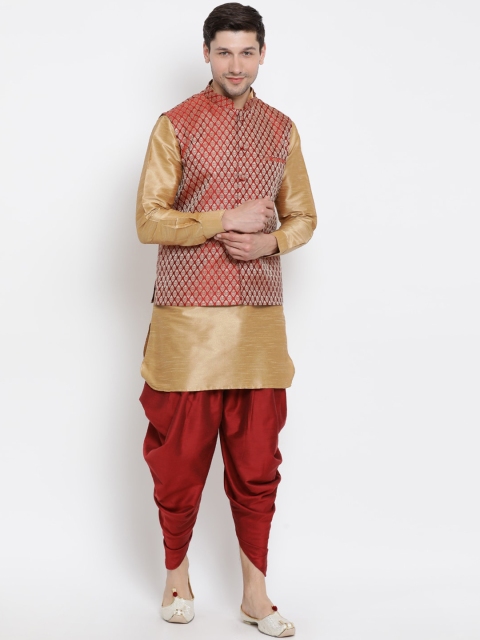 

VASTRAMAY Men Gold-Toned & Maroon Self Design Kurta with Dhoti Pants & Nehru Jacket
