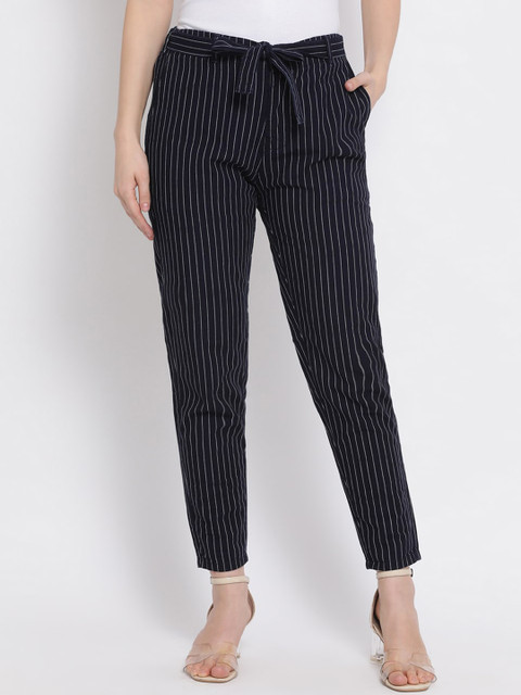 

Code 61 Women Navy Blue & White JENIFER Tapered Fit Striped Regular Trousers