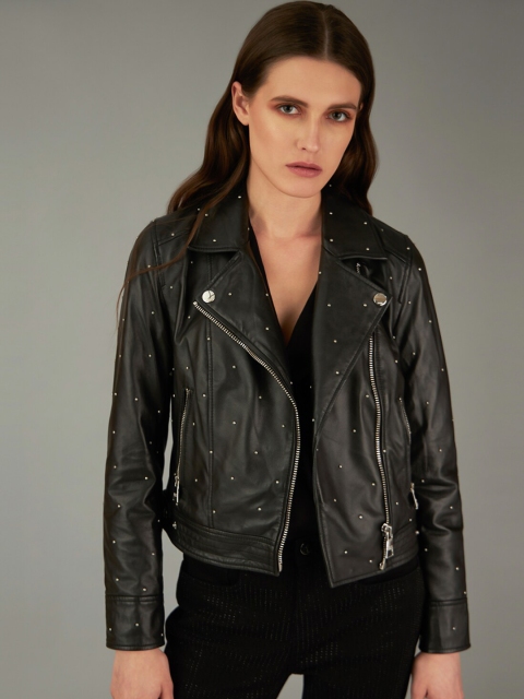 

COVER STORY by KARL LAGERFELD Women Black Solid Leather Biker Jacket