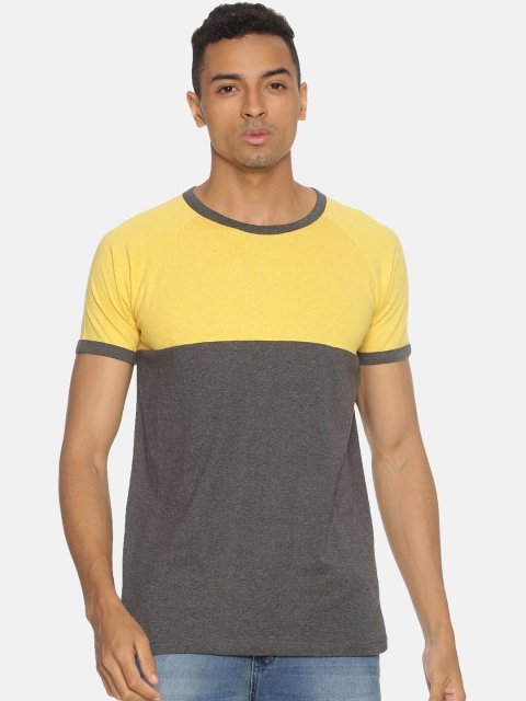 

Campus Sutra Men Yellow & Grey Colourblocked Round Neck T-shirt