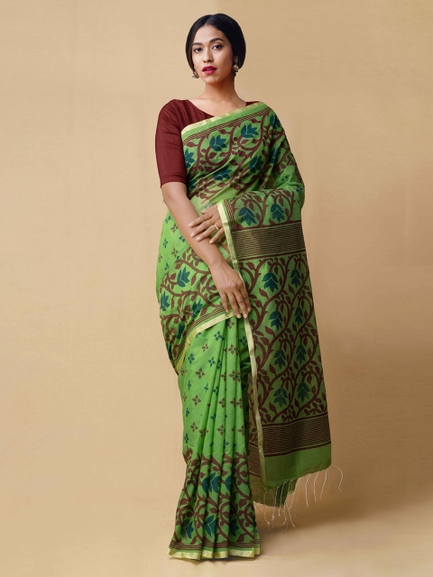 Unnati Silks Green Printed Silk Cotton Saree