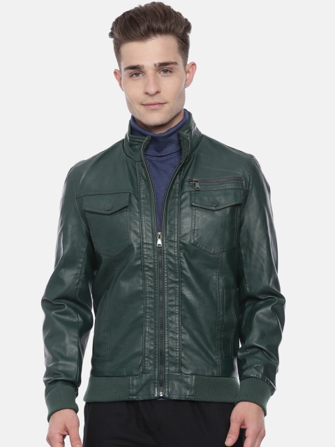 

Breakbounce Men Olive Green Solid Water Resistant Biker Jacket