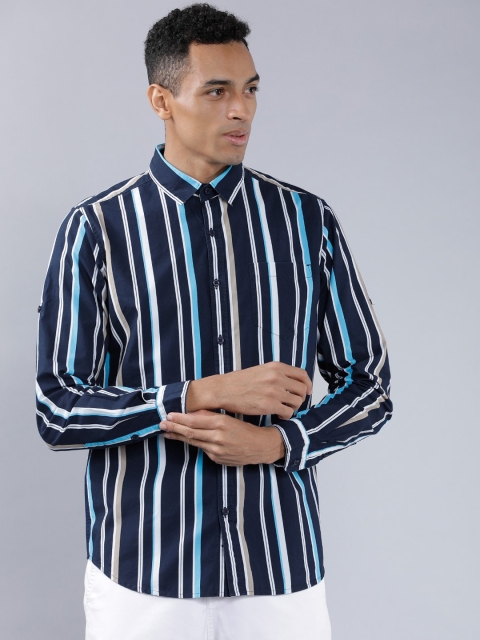 

HIGHLANDER Men Navy Blue & White Slim Fit Striped Casual Shirt